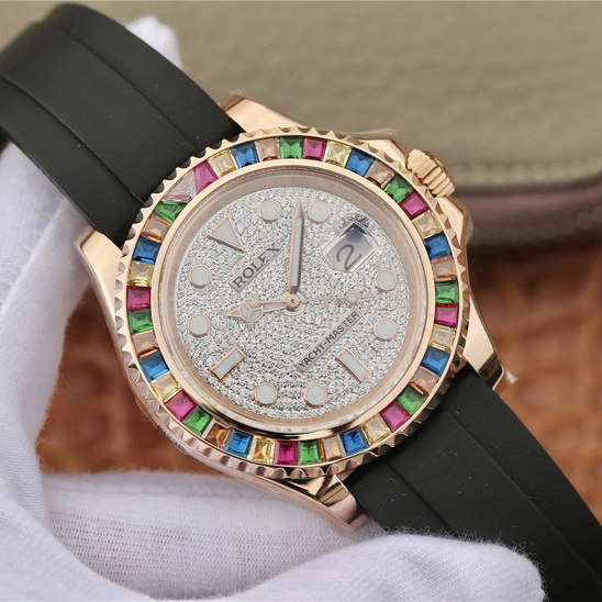 YACHT MASTER 1 GOLDEN DIAMOND BEZEL & DIAL RUBBER STRAP 40MM - Image 7