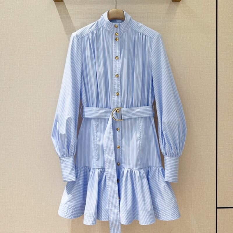 ZIMMERM Striped Small High-necked Tight-fitting Boatneck Dress with Ruffled Edges D91001