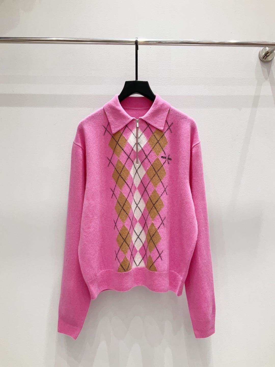 Miu Miu Argyle intarsia-knit half-zip Sweater D101004