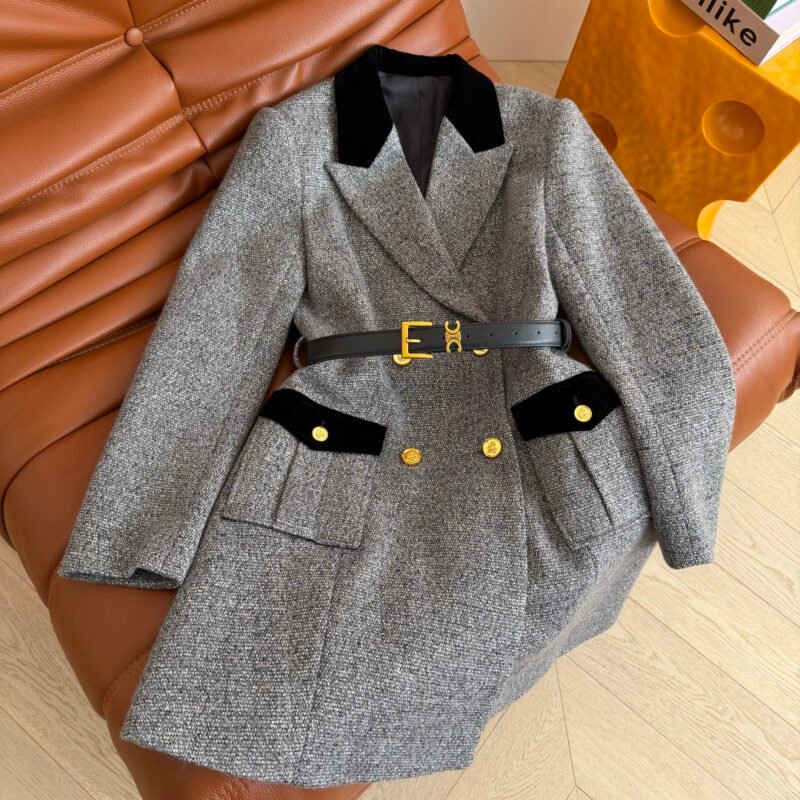 Celine grey tweed double-breasted overcoat with D111401