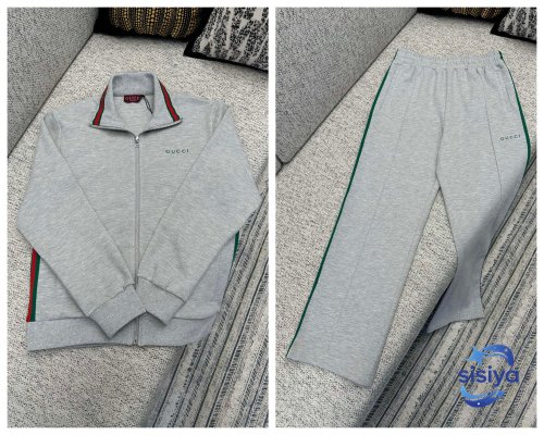 Grey blended cotton double-zipper jacket set 112410