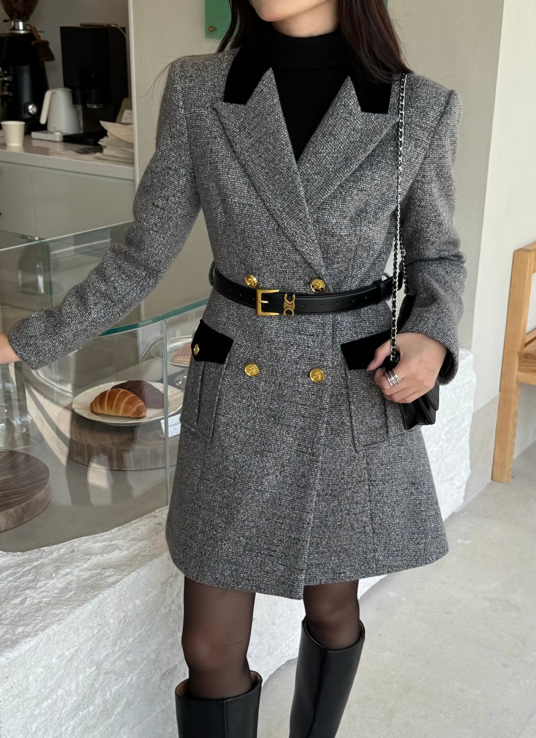 Celine grey tweed double-breasted overcoat with D111401 - Image 9