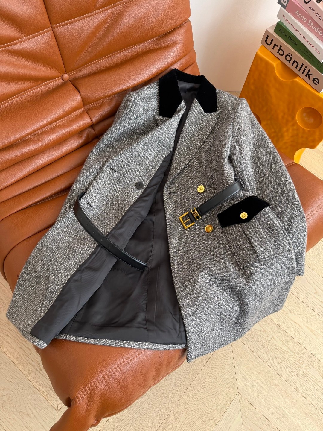 Celine grey tweed double-breasted overcoat with D111401 - Image 3