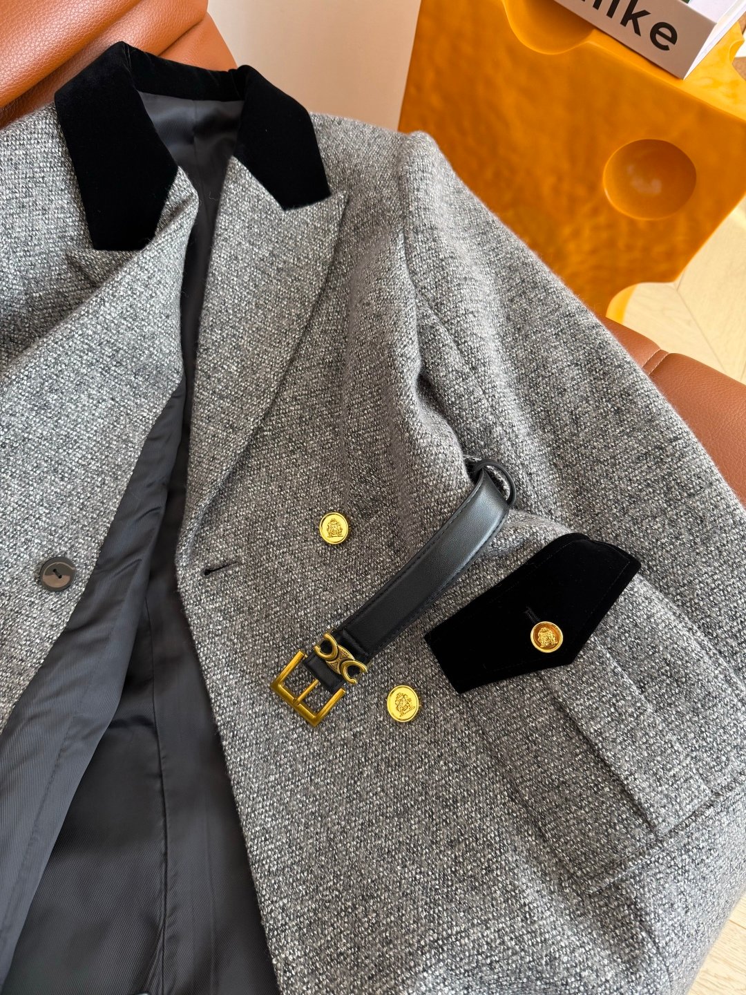 Celine grey tweed double-breasted overcoat with D111401 - Image 8