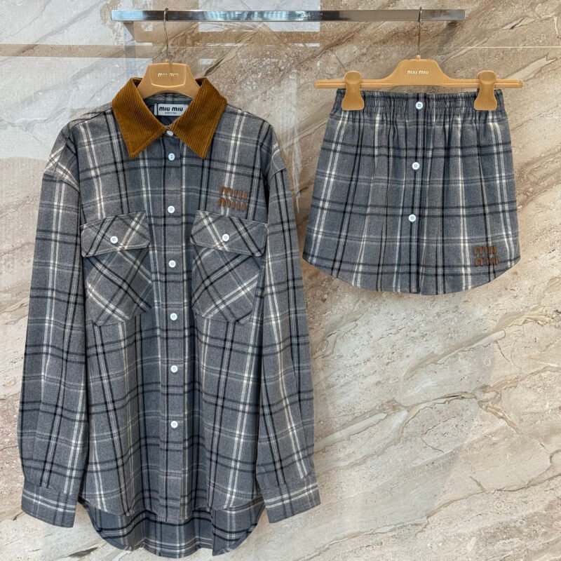 Miu Miu slate gray checkered flannel shirt set D111911