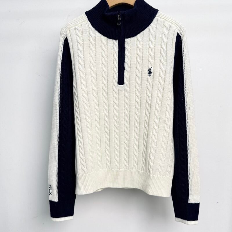 Polo style small spandex embroidered checkered half-zip sweater D112710