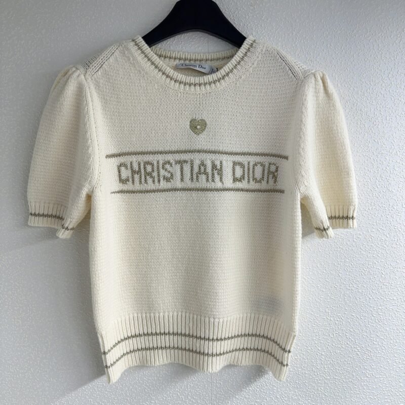Dior Golden Thread Letter Pattern Check Puff Sleeve Round Neck Pullover Short-Sleeve Knit Shirt D121802