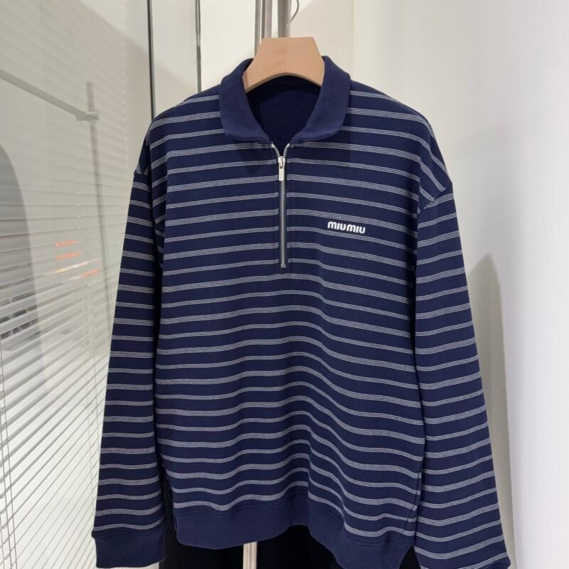 Miu Miu blue and white striped zipper Polo shirt D123106