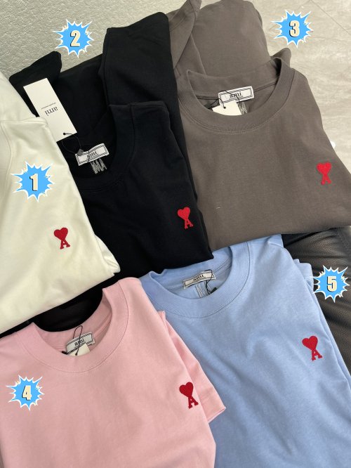 Ami red heart logo embroidered round-neck short-sleeved shirt W6012606