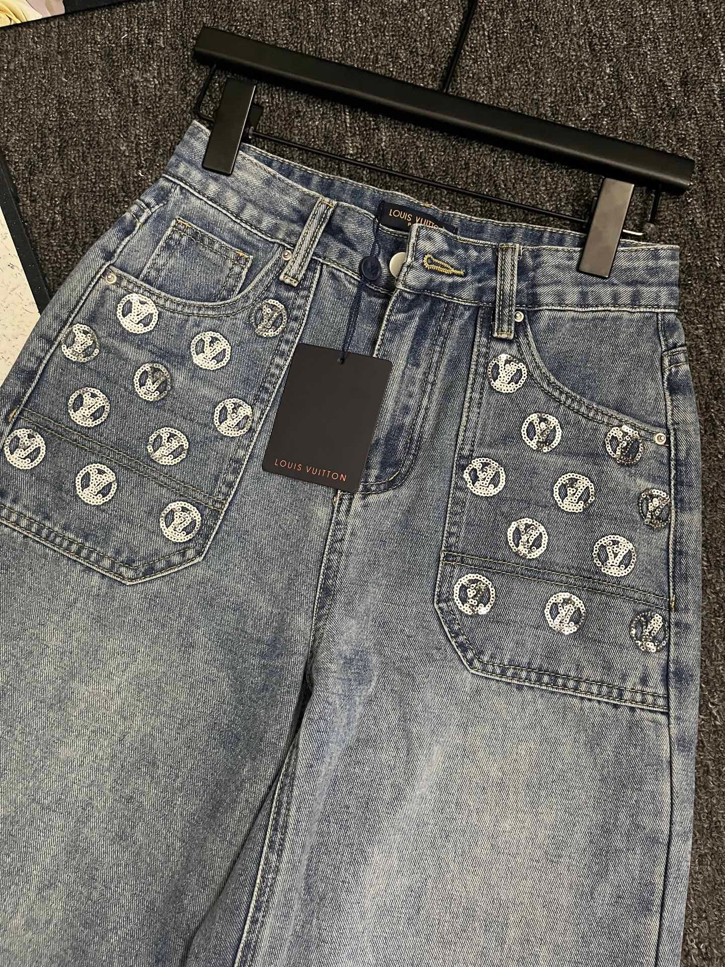 LV sequined embroidered denim wide-leg pants W6010204 - Image 4