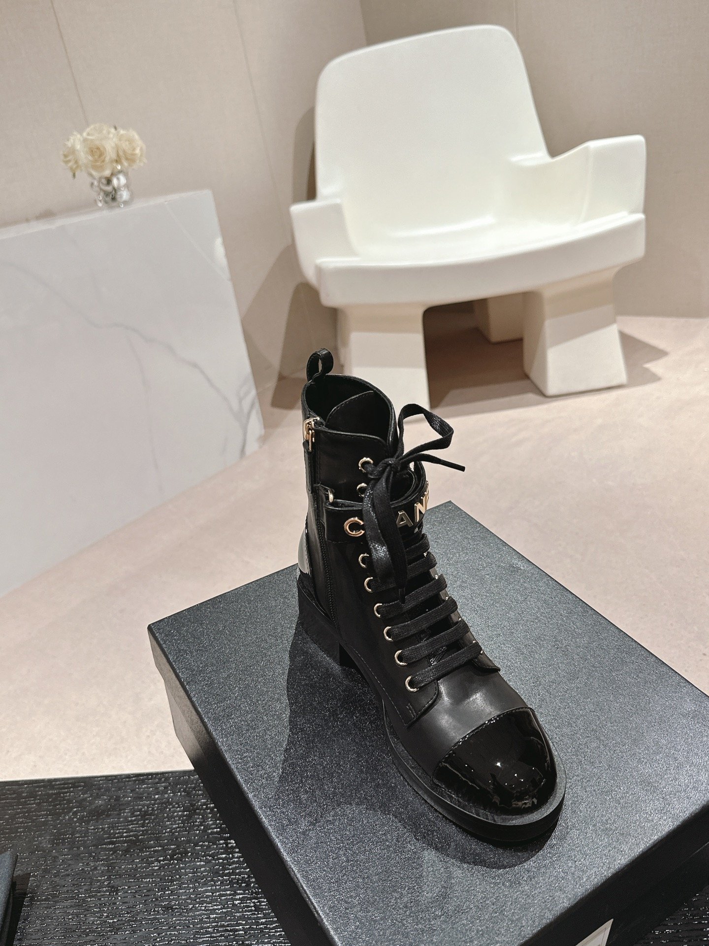 CHANEL 23A Leather Signature Logo Lace Up Combat Hiking B6011201 - Image 6