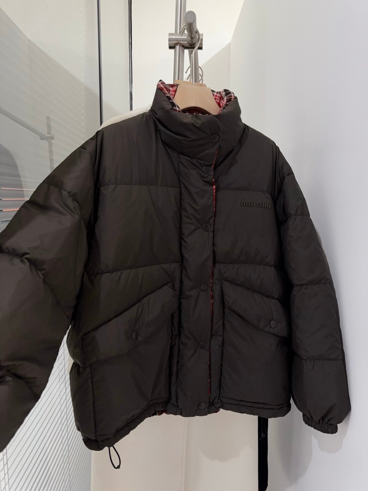 Miu Miu Red/ebony Technical Pongé Reversible Down Jacket W6011302