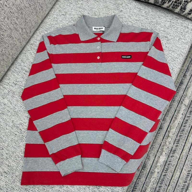 Miu Miu Red/gray Striped Jersey Polo Shirt W6011501