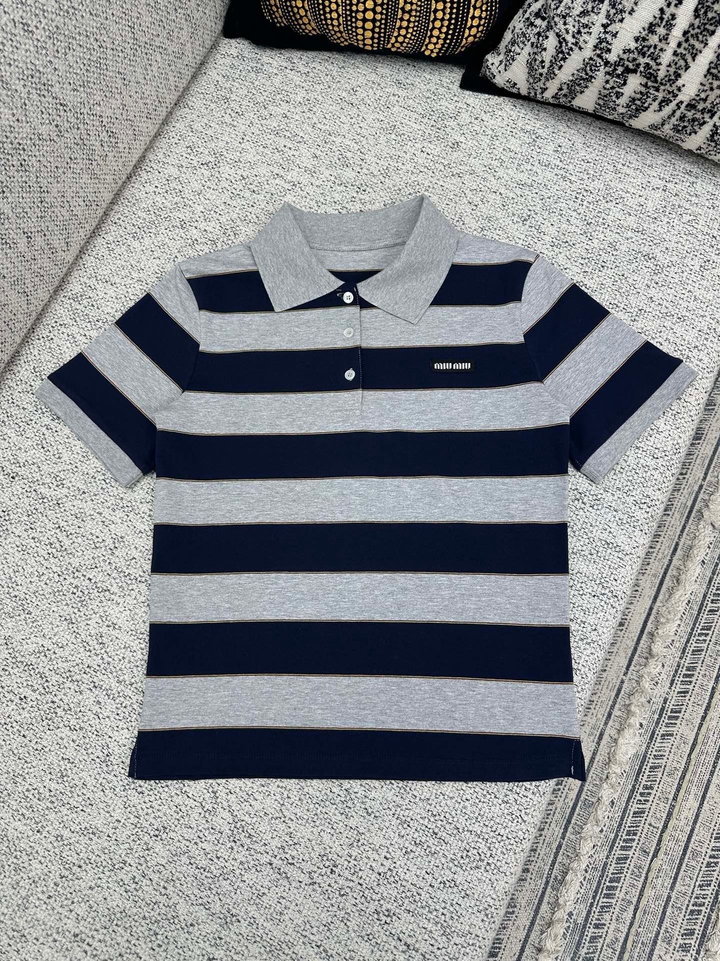 Miu Miu Blue/grey Striped Jersey Polo Shirt W6011504