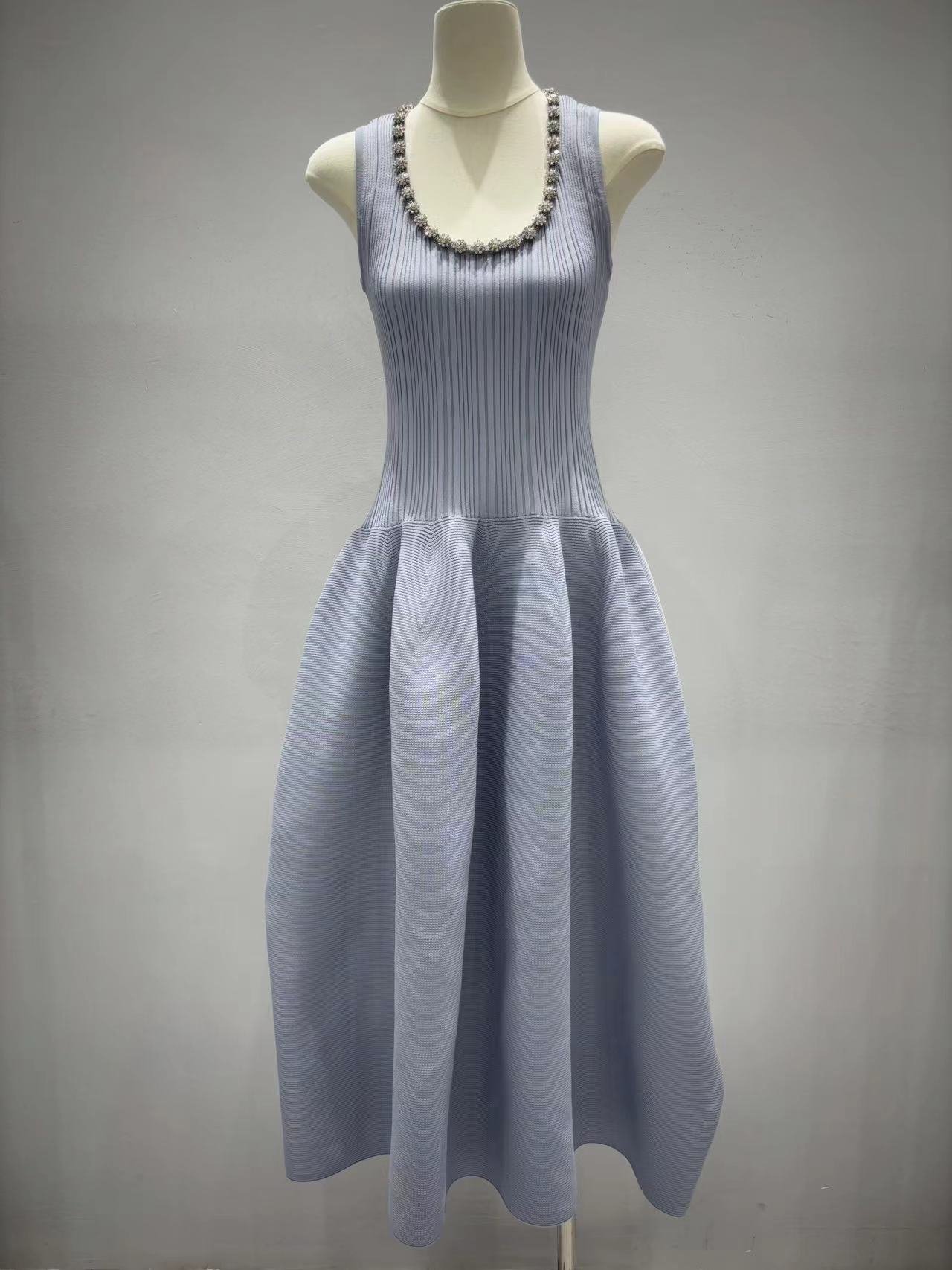 Self-portrait - Thin Fog Blue Diamond Beaded Ribbed Knitted Sleeveless Dress W6012108 - Image 2
