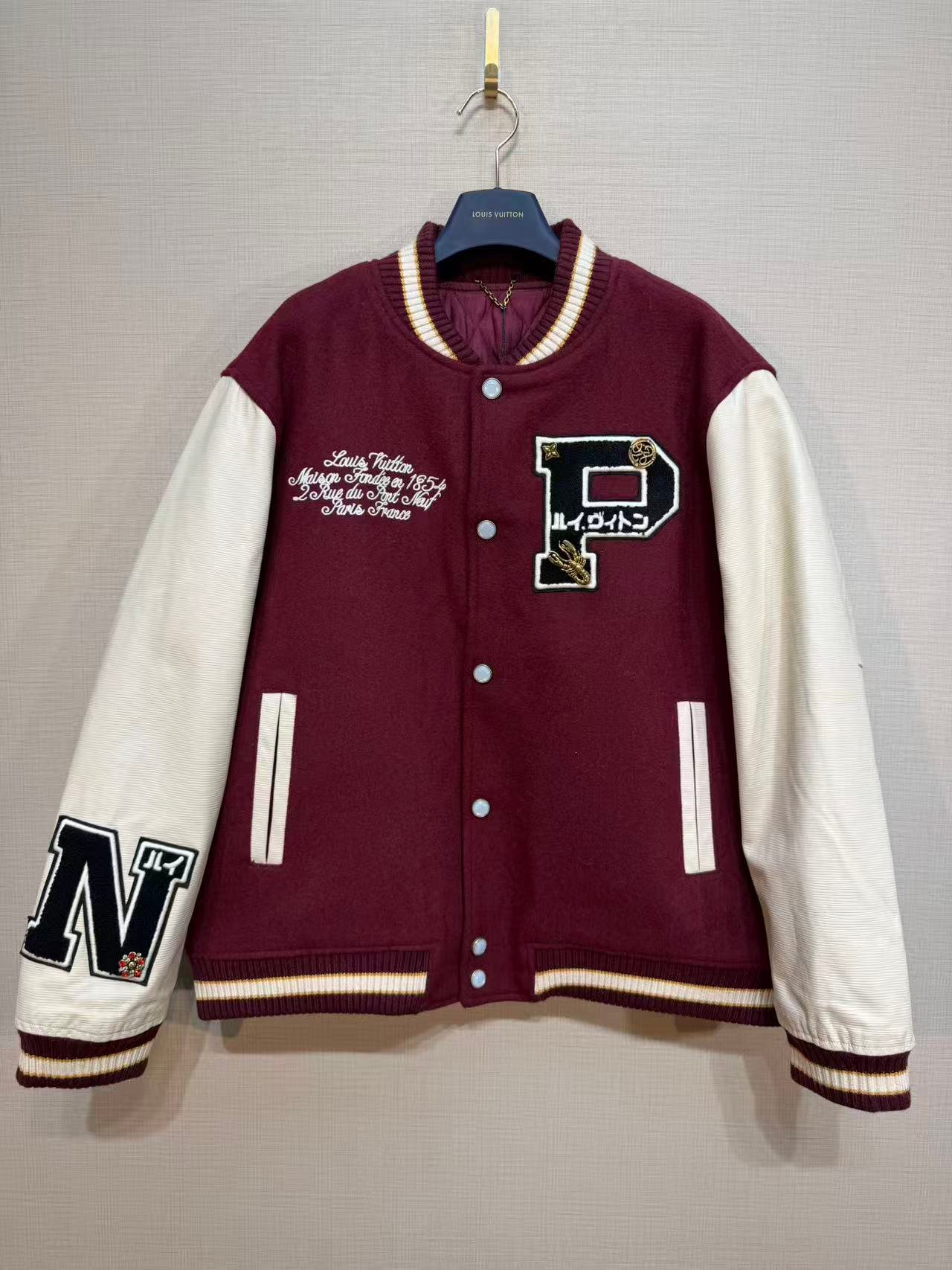 LV back portrait embroidery letter patchwork wool leather jacket M6012307