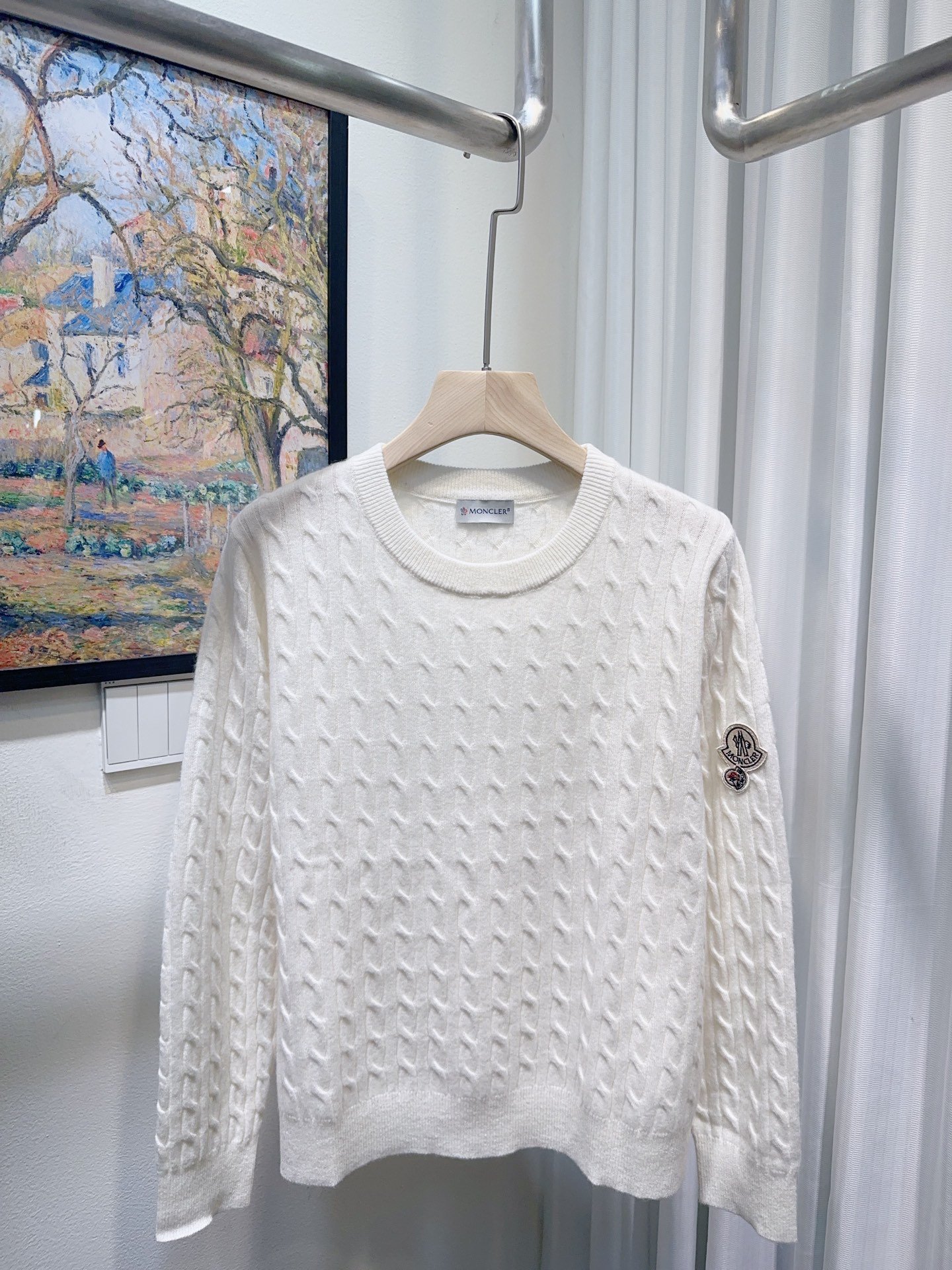 Moncler logo checked pattern crew-neck long-sleeve wool and cashmere sweater W6020404 - Image 2