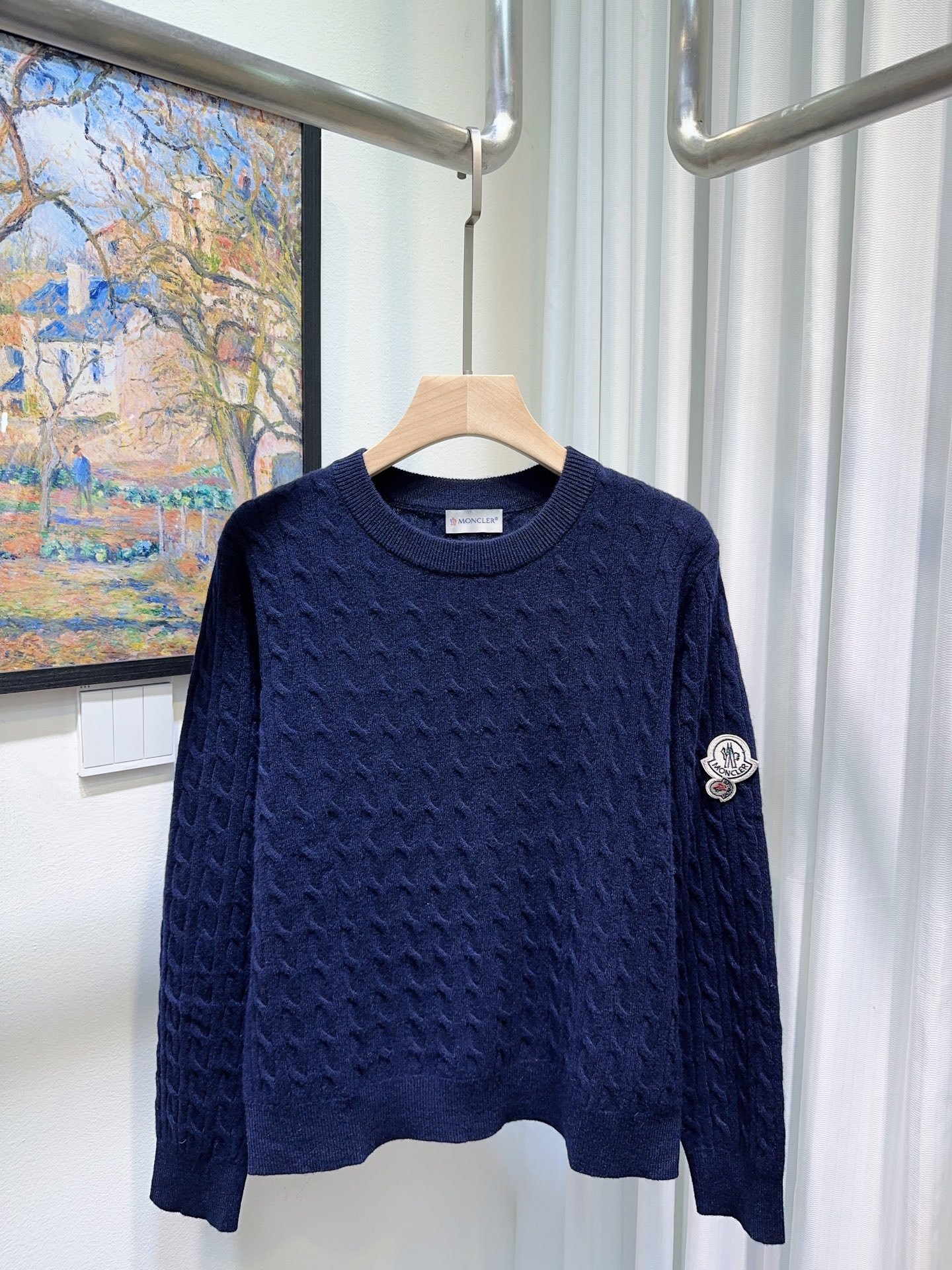 Moncler logo checked pattern crew-neck long-sleeve wool and cashmere sweater W6020404 - Image 3