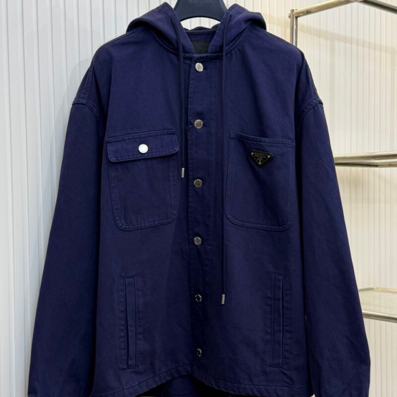 Prada washed vintage denim single-breasted workwear hooded jacket M6021303