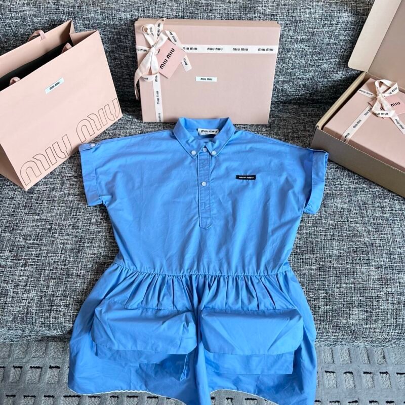 Miu Miu Beige Velvet Embroidered Dress in Sapphire Blue W6041502