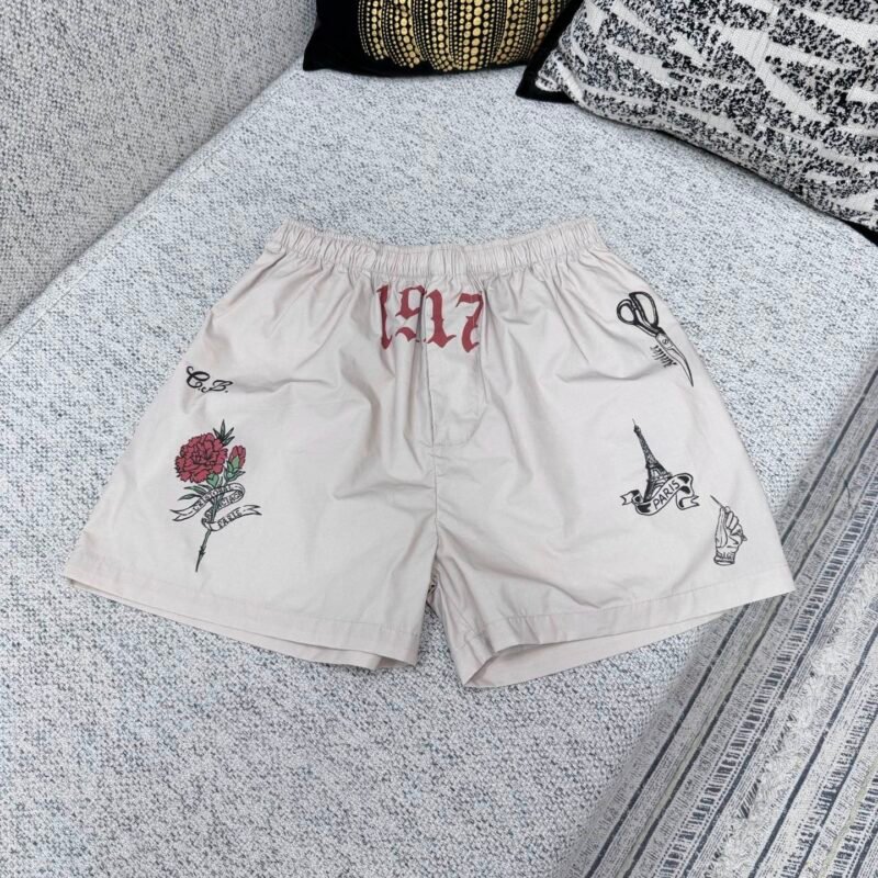 Balenciaga 2026 Spring/Summer Collection New Tattoo Cream-colored Loose Sport Shorts M6050707