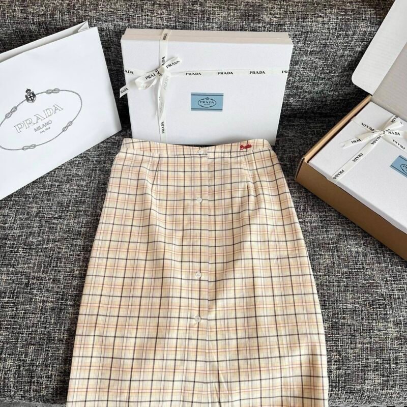 Prada Natural/Lilac Checked cotton poplin pencil skirt W6051203