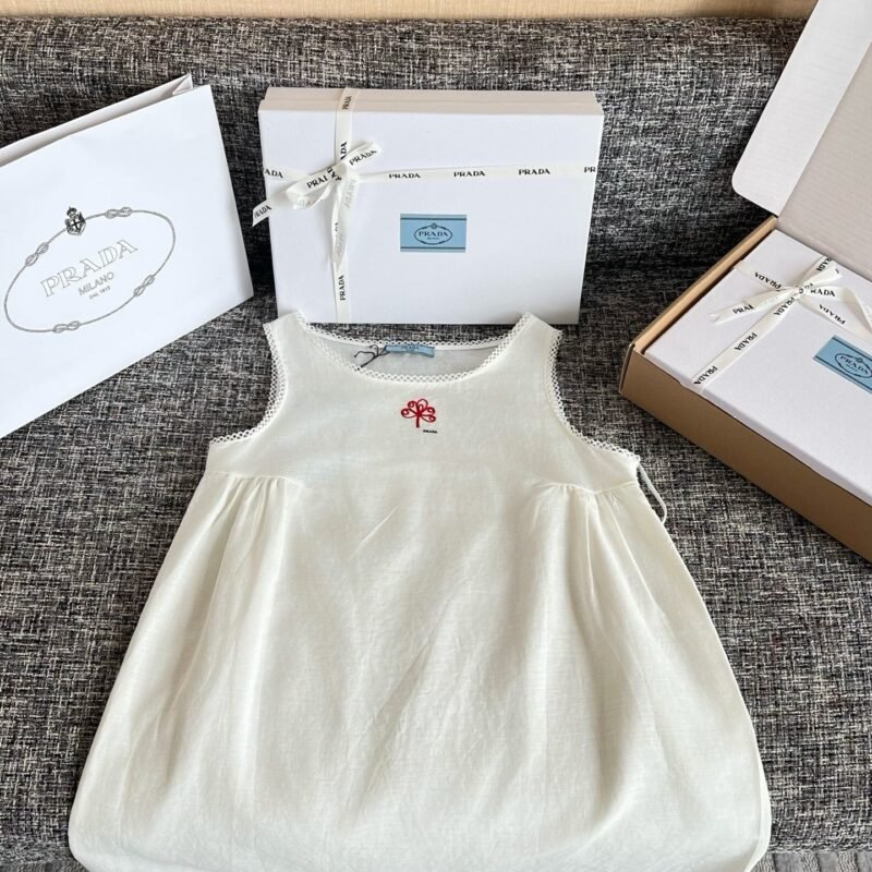 Prada White Embroidered slubbed canvas mini-dress W6051204