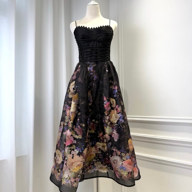 Zimmerman Luna Floral Print Beaded Mid-Length Dress W6051604