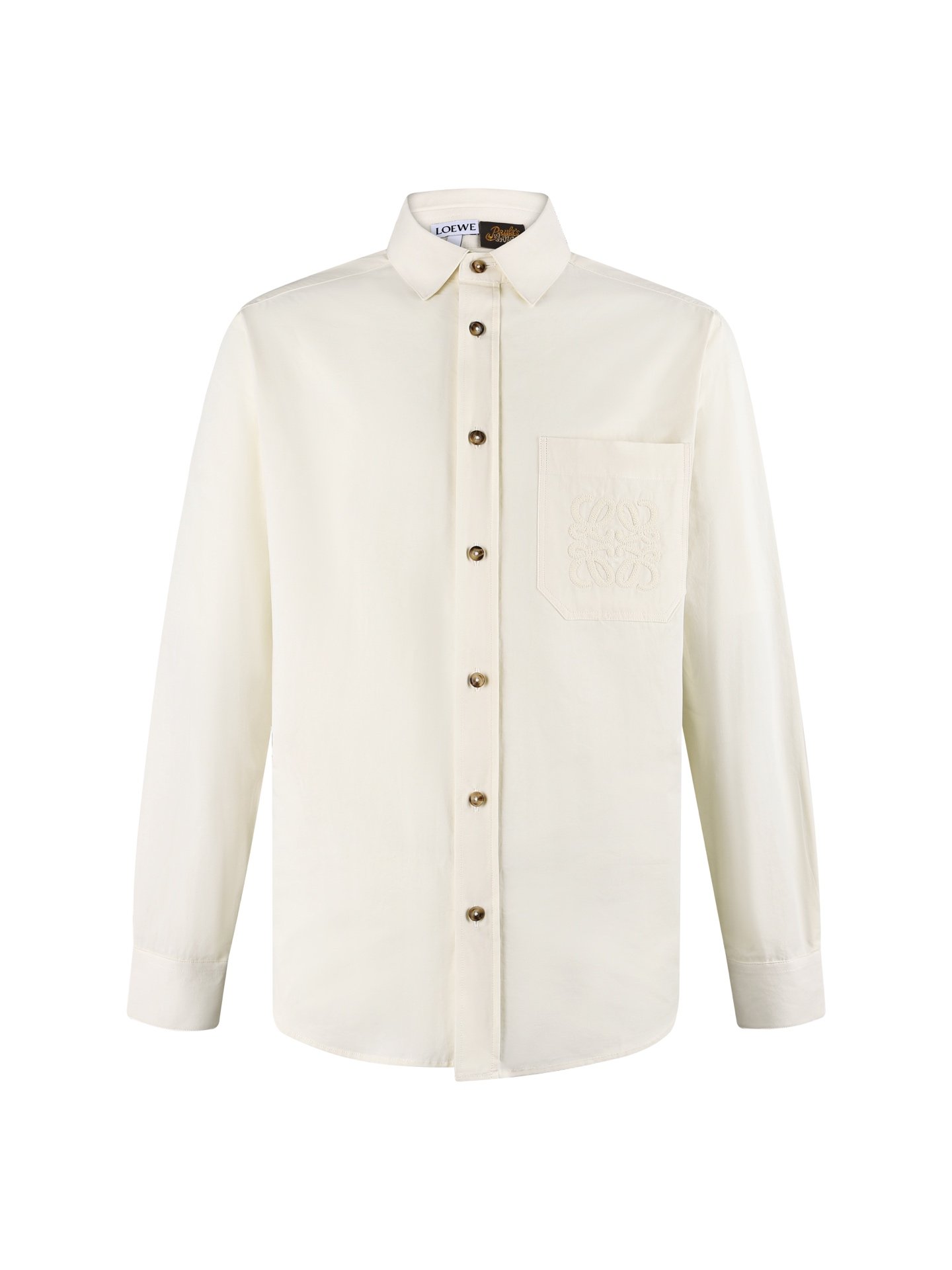 Camisa de manga larga con cuello abullonado LOEWE 26SS, bordada con logotipo y emblema M6052905
